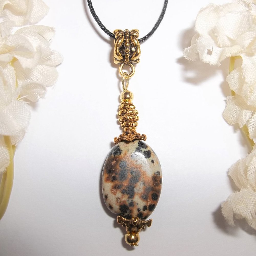 Dalmation Faux Jasper Gemstone Necklace Pendant Gold Tan Black Brown Gift 7000